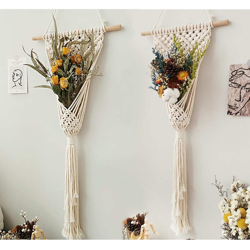 ins air-dried flower wall face decoration tapestry net pocket flower basket folk living room bedroom with dry bouquet wall decoration handwoven-Taobao