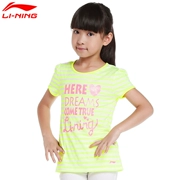 Li Ning Girls Áo thun ngắn tay huỳnh quang Dải màu xanh lá cây In áo thun thể thao LOGO Series Tay áo ngắn ATSK136