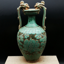 Song Cizhou kiln green glaze carved peony flower double dragon vase imitation unearthed old goods antique antique old objects collection ornaments