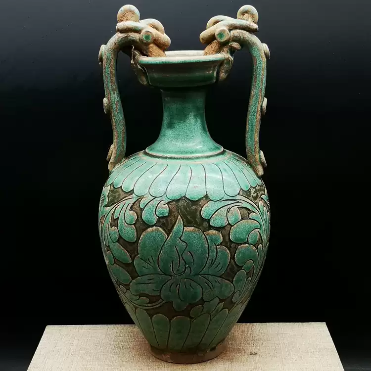 宋磁州窑绿釉双龙尊粉彩牡丹花瓷瓶古玩收藏仿出土古董摆件-Taobao-Tmall