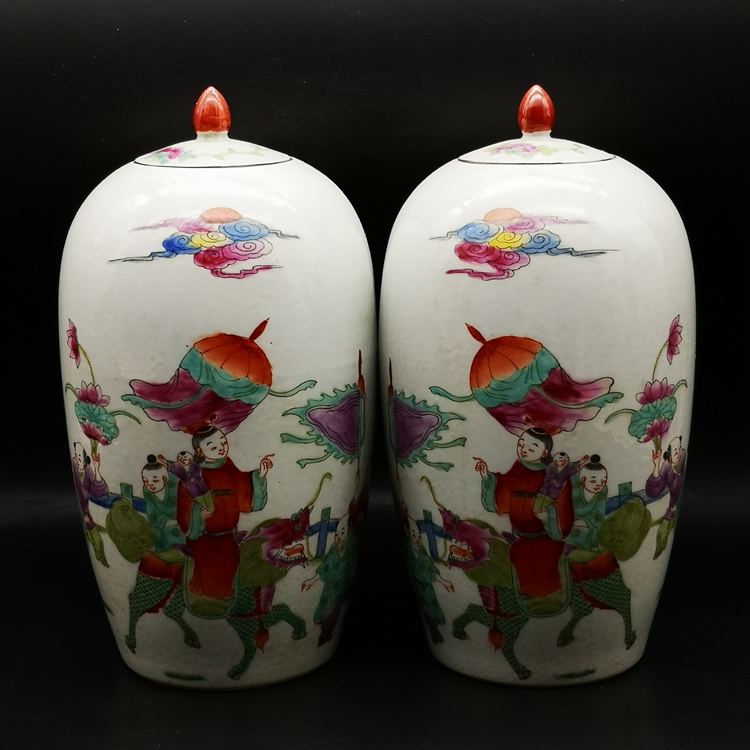 Tongzhi year-made pastel unicorn winter melon jars (pair) antique antique old objects collection antique ornaments