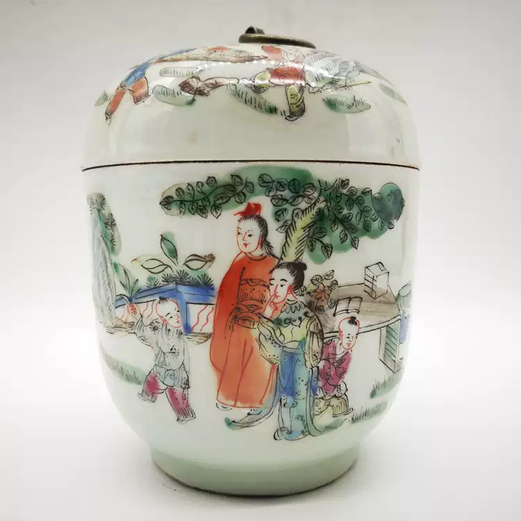 大清同治年制茶叶罐粉彩人物故事图瓷罐仿古瓷器摆件大号铜环盖罐古董