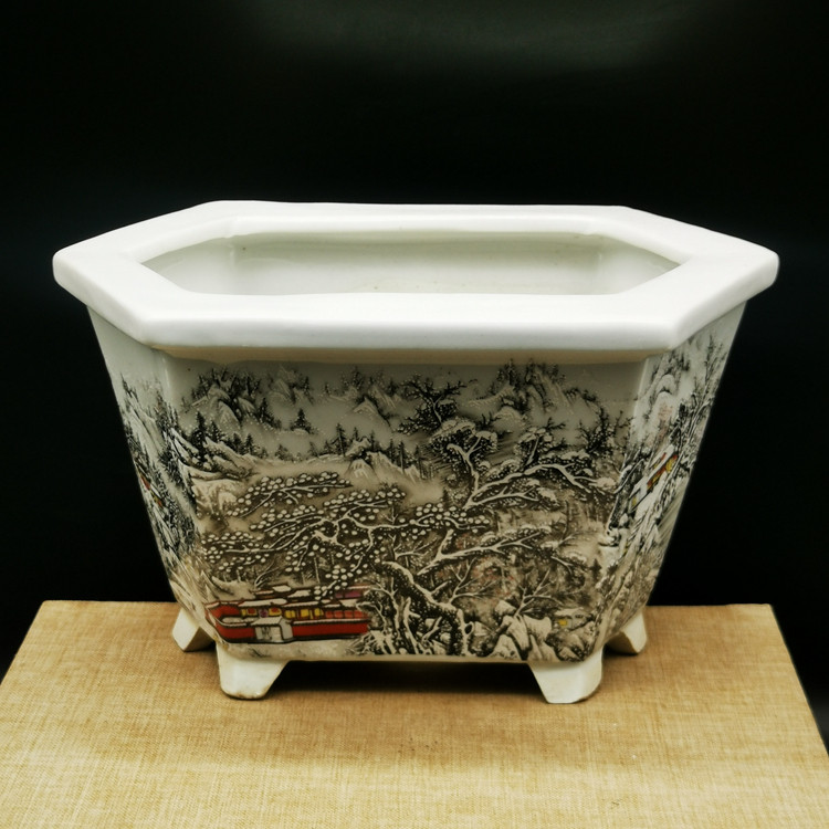 Republic Of China Pink Snowscape Hexagonal Flower Pot Imitation Antique Porcelain Home Pendulum of Calamity Bonsai Raising Flowers Ancient Play Antique Old Goods-Taobao