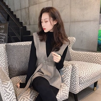 2018 mùa đông mới thời trang set đồ hai mảnh của Hồng Kông dáng dài tay đế nhỏ cổ cao áo vest vest vest thời trang công sở nữ