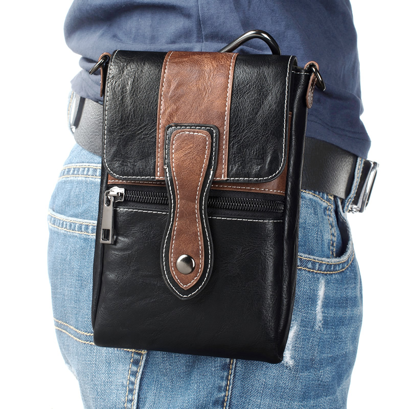 Retro large capacity mobile phone hanging pocket wearing leather strap multifunction single shoulder diagonal satchel middle-aged men's new wave Japan-ROK style
