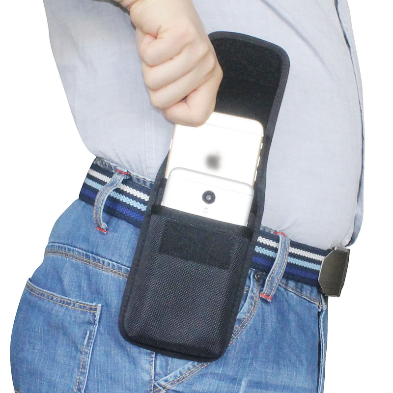 Put 2 mobile phones hanging out of pocket wearing leather belts Vertical style male elderly Oxford cloth bag for delivery and running business renovation site