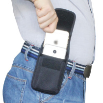 Put 2 mobile phones hanging out of pocket wearing leather belts Vertical style male elderly Oxford cloth bag for delivery and running business renovation site