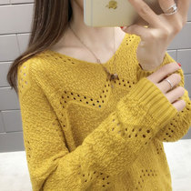 Spring dress V-neck hollow hollow 2021 New thin blouse Womens Foreign style loose short womens sweater