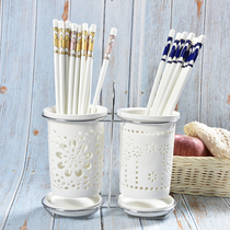 Ceramic chopstick tube drain chopstick basket Chopstick holder Creative simple hollow double-barrel tableware storage bucket Chopstick cage Household