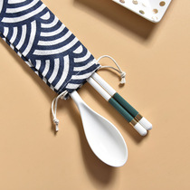 Portable tableware Ceramic chopsticks spoon set Bag Japanese cute creative good-looking small single take-away storage