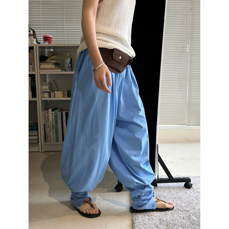 Island Island Sauce Home [Blue Island Narrative] Elastic Waist Buttoned Leg-Of-Mutton Pants Knitted Casual Trousers