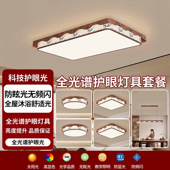 Living Room Main Light in Walnut Wood Color, Vintage Style Eye-Protection Ceiling Light, 2026 New Model, Whole House Package Lighting Set