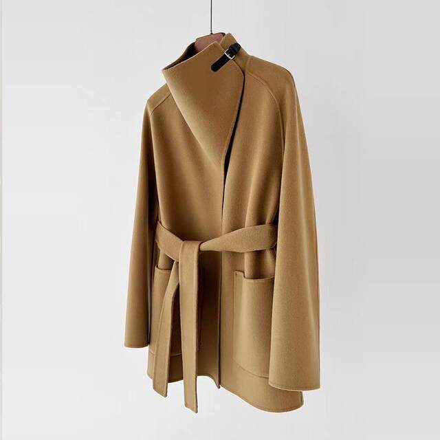 2025 Winter New Sheep Wool Double-sided Wool Cloak Coat Women's Lace-Up Waist Mid-Length High-Quality Temperament Jacket