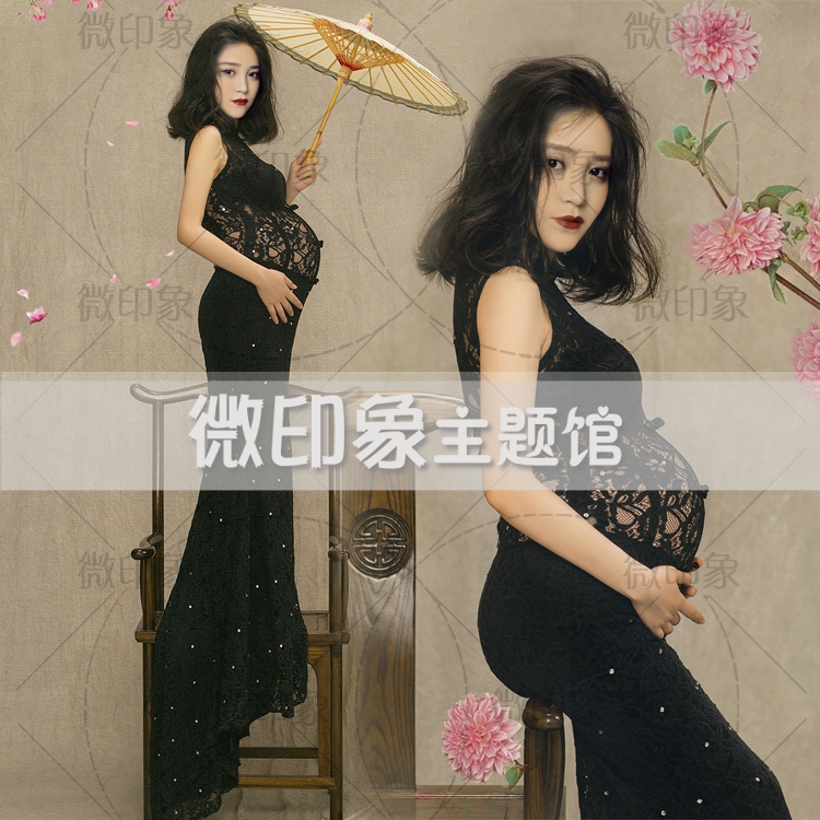 2018 Photos Photo Gallery Writing True Themed Clothing Pregnant Women's High-end Lace Gown Retro Famous and Big Belly Mommy Art Shoot