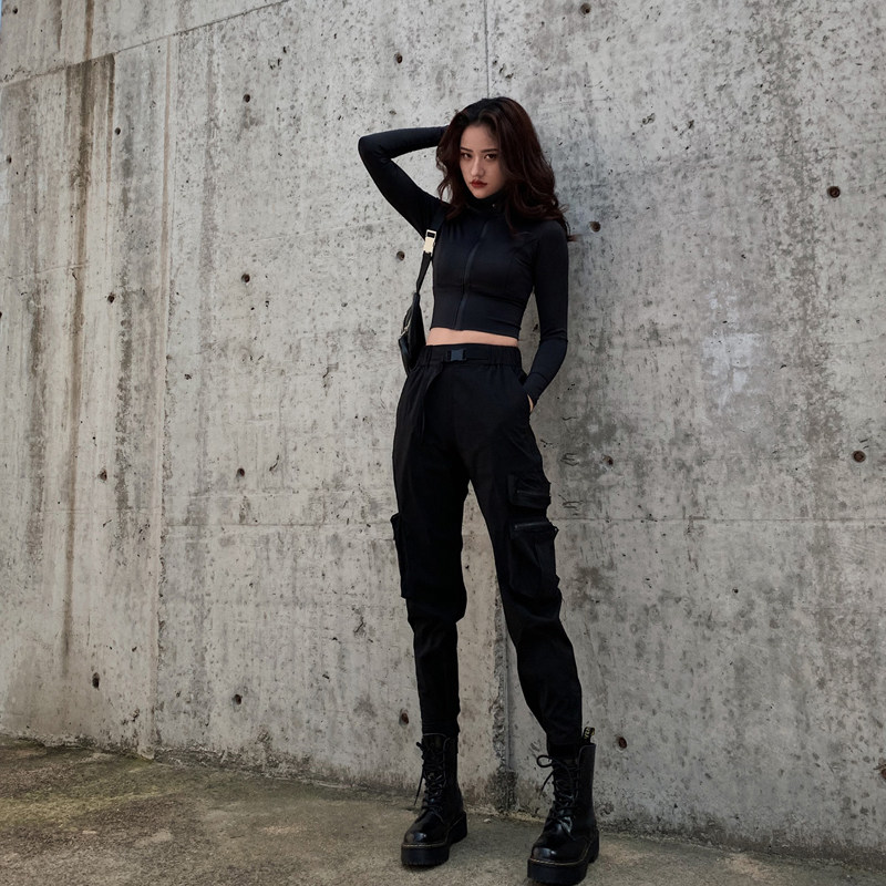 Black Workwear Pants Woman Summer Thin small Locomotive Wind Tightness High Waist Pants Multiple Pockets Casual Pants bunches