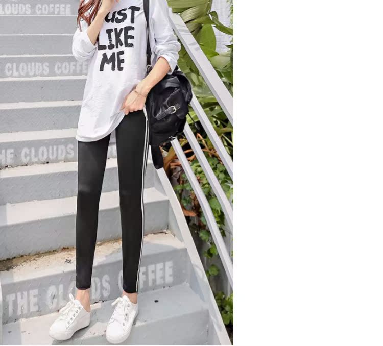 Mùa thu thể thao sọc dọc modal cotton xà cạp nữ bên thanh sọc trắng mặc eo cao chín điểm quần kích thước lớn quần legging nữ đẹp