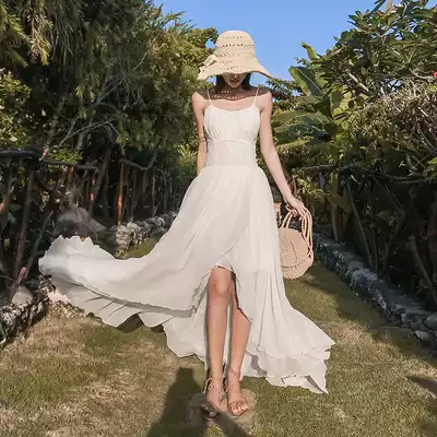 Beach coat Super fairy elegant dress white long version of chiffon slim backless suspender skirt seaside dress seaside wedding dress