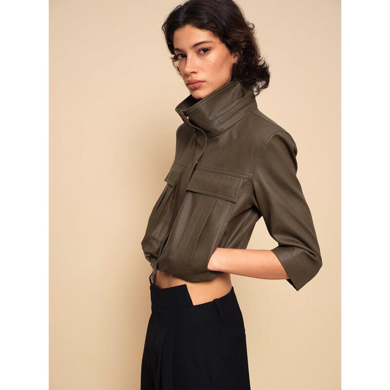 【New Product】Saumple Study Symp Oil Wax Coated Stand Collar Workwear Patch Pocket Three-Quarter Sleeve Short Jacket 【New Product】Saumple Study Symp Oil Wax Coated Stand Collar Workwear Patch Pocket Three-Quarter Sleeve Short Jacket