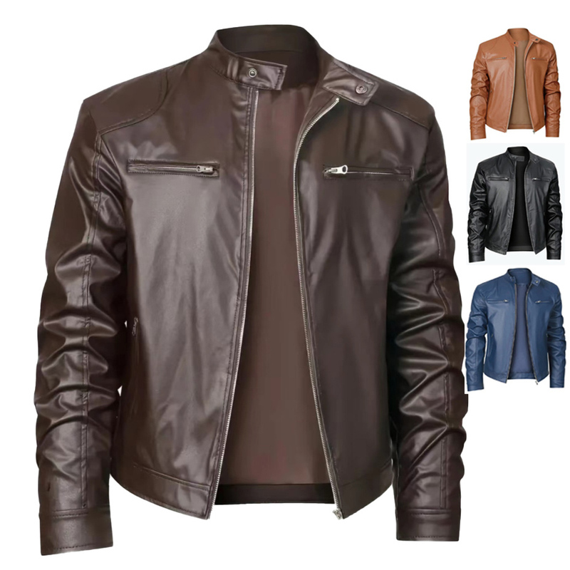 Brown Trendy Men's Stand-Up Collar Biker Leather Jacket, Oversized Nightclub Bar Performance Singer Riding Faux Leather Jacket