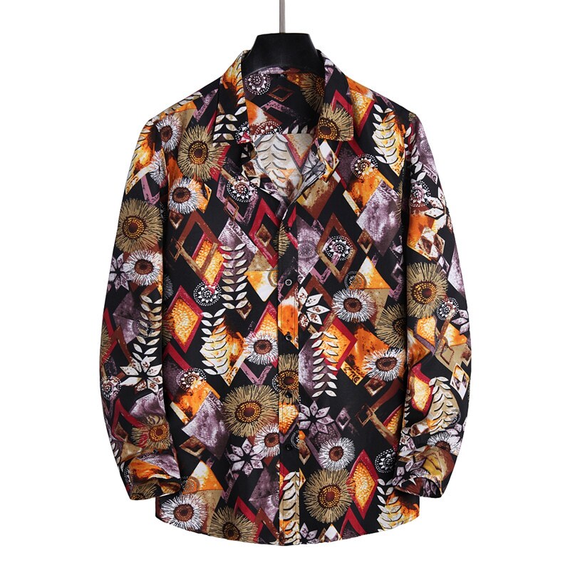Hong Kong Style Loose Casual Long-Sleeve Shirt for Men, Suitable for Nightclub Disco Club Singer Stage Performance, Floral Pattern, Large Size Hong Kong Style Loose Casual Long-Sleeve Shirt for Men, Suitable for Nightclub Disco Club Singer Stage Performance, Floral Pattern, Large Size