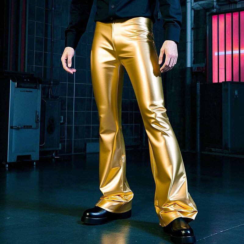 Cool Gold Shiny Leather Pants with a Fashionable Elastic Waist, Slightly Flared, Suitable for Disco Performances and Nightclubs, Slim-Fit Long Pants Cool Gold Shiny Leather Pants with a Fashionable Elastic Waist, Slightly Flared, Suitable for Disco Performances and Nightclubs, Slim-Fit Long Pants