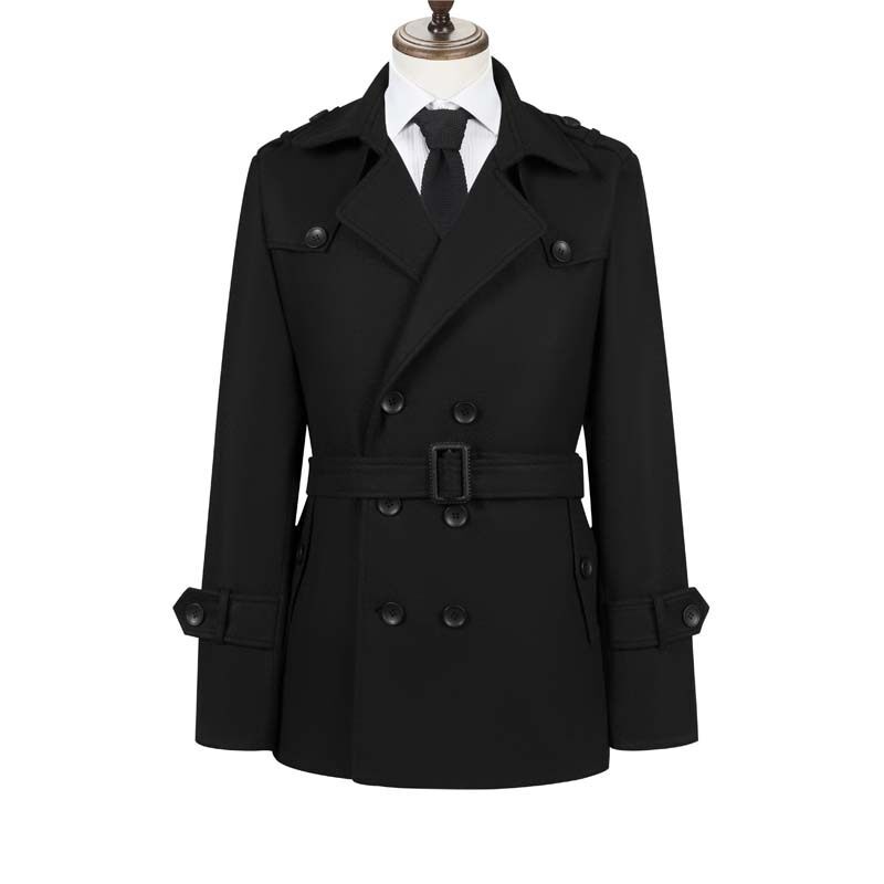 Double-Breasted German-Style Epaulette Belt Woolen Coat Trendy Men's European Size Thickened Warm Mid-Length Woolen Trench Coat
