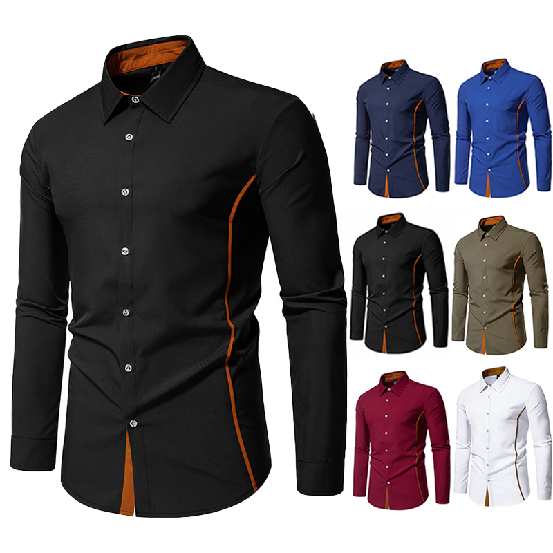 Black and Orange Color-Blocked Lapel Long-Sleeve Shirt for Men, Slimming Design, Plus-Size Shirt for Overweight People, Bar Singer Performance Outfit