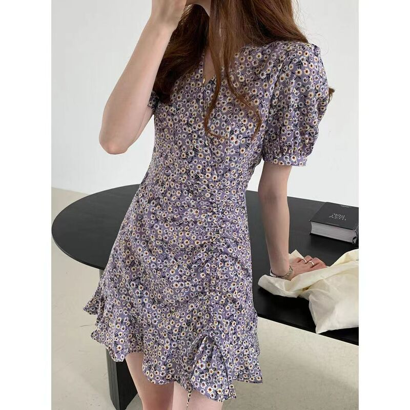 Elegant, Simple and Fashionable Floral Dress 2026 Summer New Style French Puff Sleeve Short Daisy Fishtail Skirt