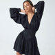 Sisjuly French high street fan retro dark pattern waist sexy V-neck puff sleeve princess dress female