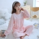 Phụ nữ mang thai Bộ đồ ngủ phụ nữ mùa xuân và mùa thu Bộ đồ dài tay cho con bú bằng vải cotton giam cầm Hàn Quốc kích thước lớn dễ thương có thể mặc