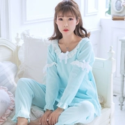 Phụ nữ mang thai Bộ đồ ngủ phụ nữ mùa xuân và mùa thu Bộ đồ dài tay cho con bú bằng vải cotton giam cầm Hàn Quốc kích thước lớn dễ thương có thể mặc