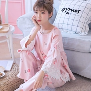 Phụ nữ mang thai Bộ đồ ngủ cotton dài tay mùa xuân và mùa thu cho con bú Bộ đồ cho bé phiên bản Hàn Quốc của thời kỳ mang thai lỏng lẻo có thể mặc bên ngoài