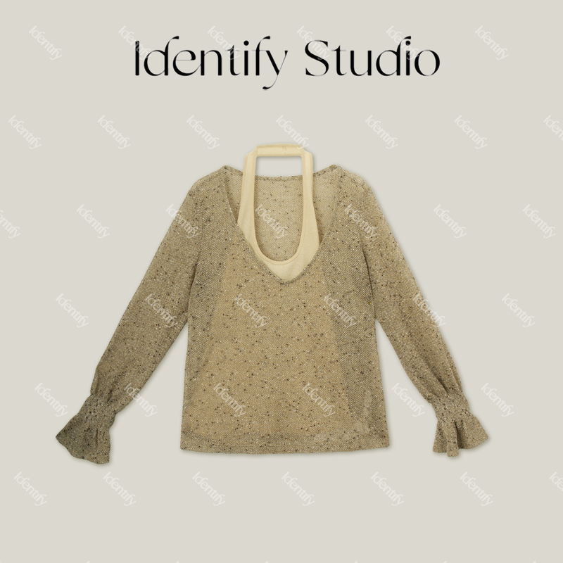 Identify New Autumn Collection French V-Neck Hollow-Out Shiny Silk Bell-Sleeve Top 26Awss0804002 Identify New Autumn Collection French V-Neck Hollow-Out Shiny Silk Bell-Sleeve Top 26Awss0804002