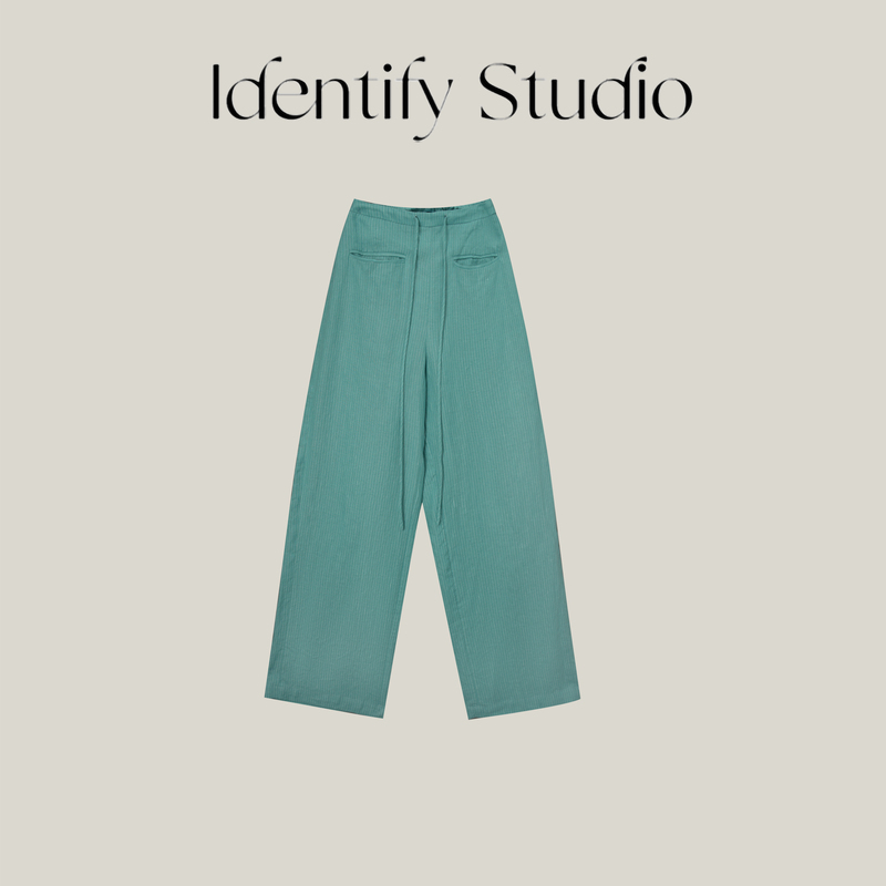 Identify”Sea Salt Soda“Spring and Summer New Style High-Waisted Drawstring Elastic Hemp Striped Straight-Leg Pants for Women