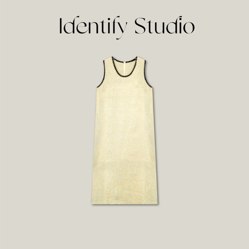 Identify Spring and Summer New Retro Style Contrasting Color Embroidered Edge-Trimmed Linen Dress 26Ssss0425100