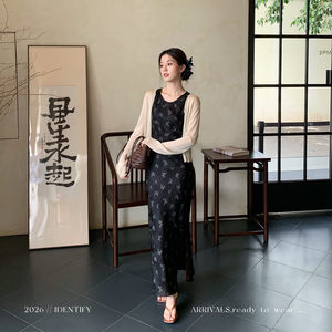 Identify New Chinese-Style Butterfly Print Slit Silk Dress for Women, Summer Retro National Style Slim Long Dress