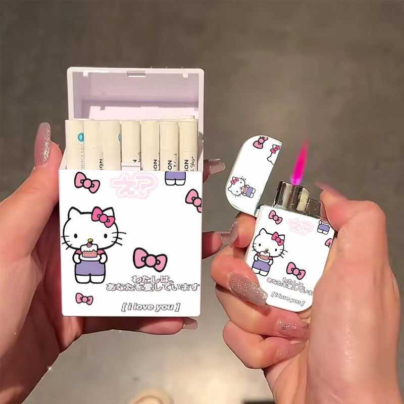 Hellokitty Hello Kitty Lighter Cigarette Case Refillable Windproof Pink Flame Portable Cartoon Cute Gift Hellokitty Hello Kitty Lighter Cigarette Case Refillable Windproof Pink Flame Portable Cartoon Cute Gift