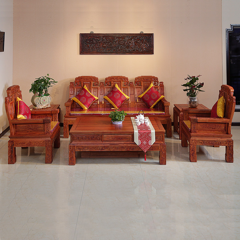 Chinese style solid wood elephant head sofa chair tea table combination imitation classical elm wood living room furniture Taishi chair five-piece set