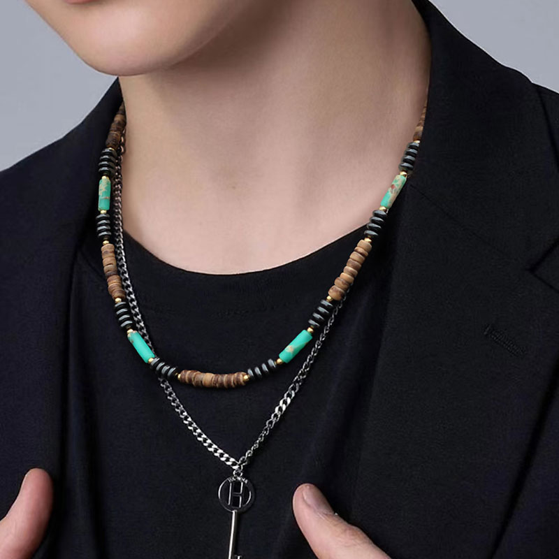 ks official原创椰壳复古男生项链高街男设计感绿松石锁骨链潮牌