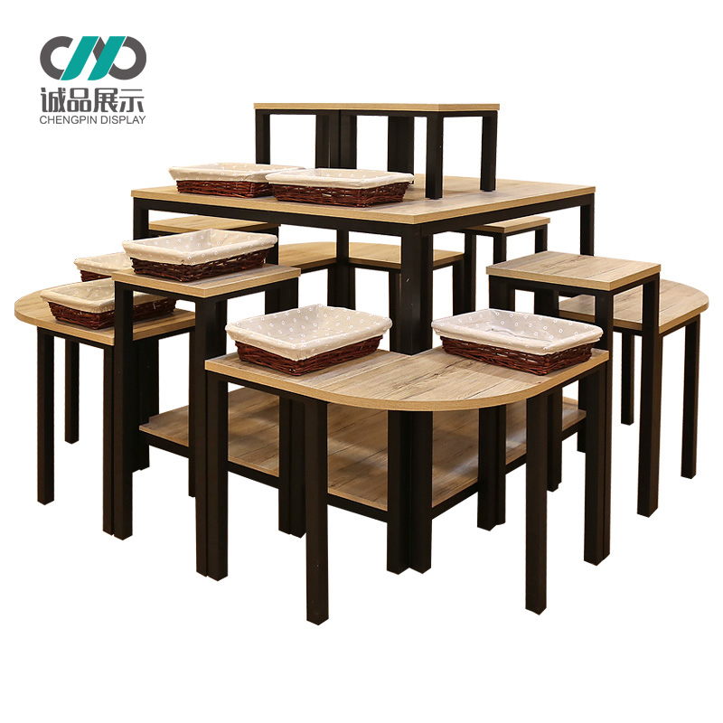 Supermarket steel wood flow table Convenience store special table Wooden clothing display rack Shoe rack Square display shelf Island cabinet