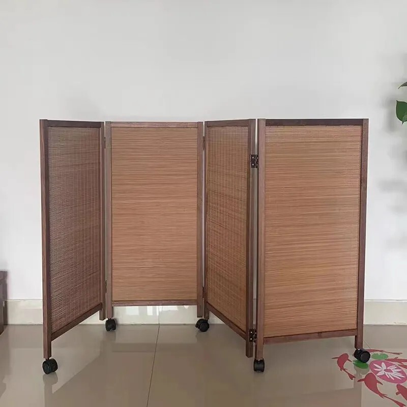 Bamboo Vintage Small Screen with Wheels, Movable, Special for Kindergarten, Pet Fence, Play Area Divider, Foldable