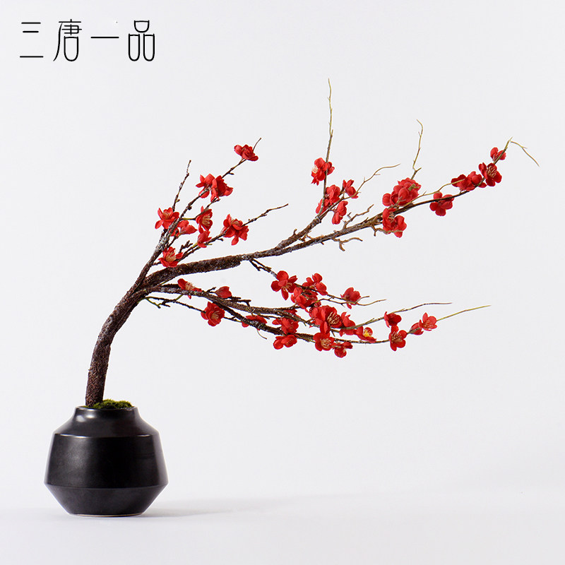 New Chinese red emulated floral art swing piece Ceramic Vase-like Room Hotel Aisle Genguan Table Soft Adornment