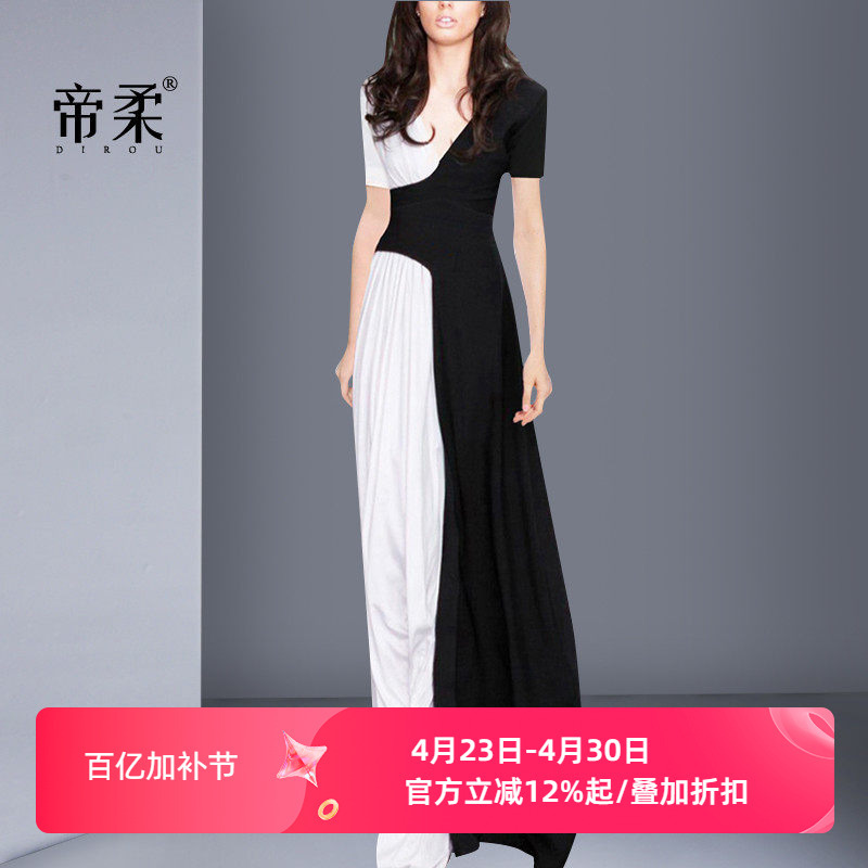 Summer 2026 New Women's Black and White Color-Blocked Fashionable V-Neck Dress, Elegant and Slimming Formal Occasion Long Dress