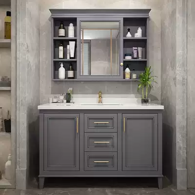 American light luxury rock board bathroom cabinet combination Solid wood oak Nordic washbasin powder room sink Smart mirror