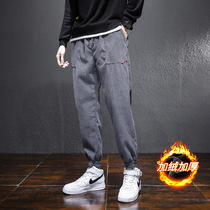 Corduroy pants mens autumn and winter loose leg pants Korean Tide brand overalls plus velvet gray Joker casual pants