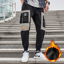 Tide brand 2020 winter New plus velvet thickened overalls INS multi pocket loose Joker casual tie pants men