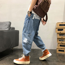 American Drawstring Leisure Fit Jeans Boys Skate Pants Trend Beat Prints Printed Harlan Tongs ankle-length pants