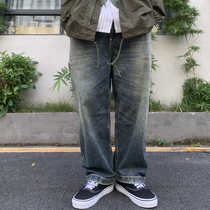 Yu Wenle with the Tide brand washed old jeans mens Japanese casual Joker loose retro straight pants