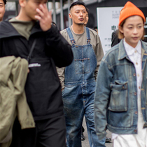 itsk spring and autumn new Yu Wenle bib pants Japanese loose one-piece suspender jeans men washed old
