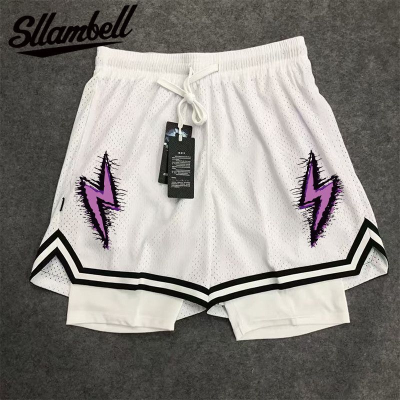American Style New Trendy High Street Basketball Lightning Print Men's Summer Fake Two-Piece Shorts Loose Training Sports Pants American Style New Trendy High Street Basketball Lightning Print Men's Summer Fake Two-Piece Shorts Loose Training Sports Pants